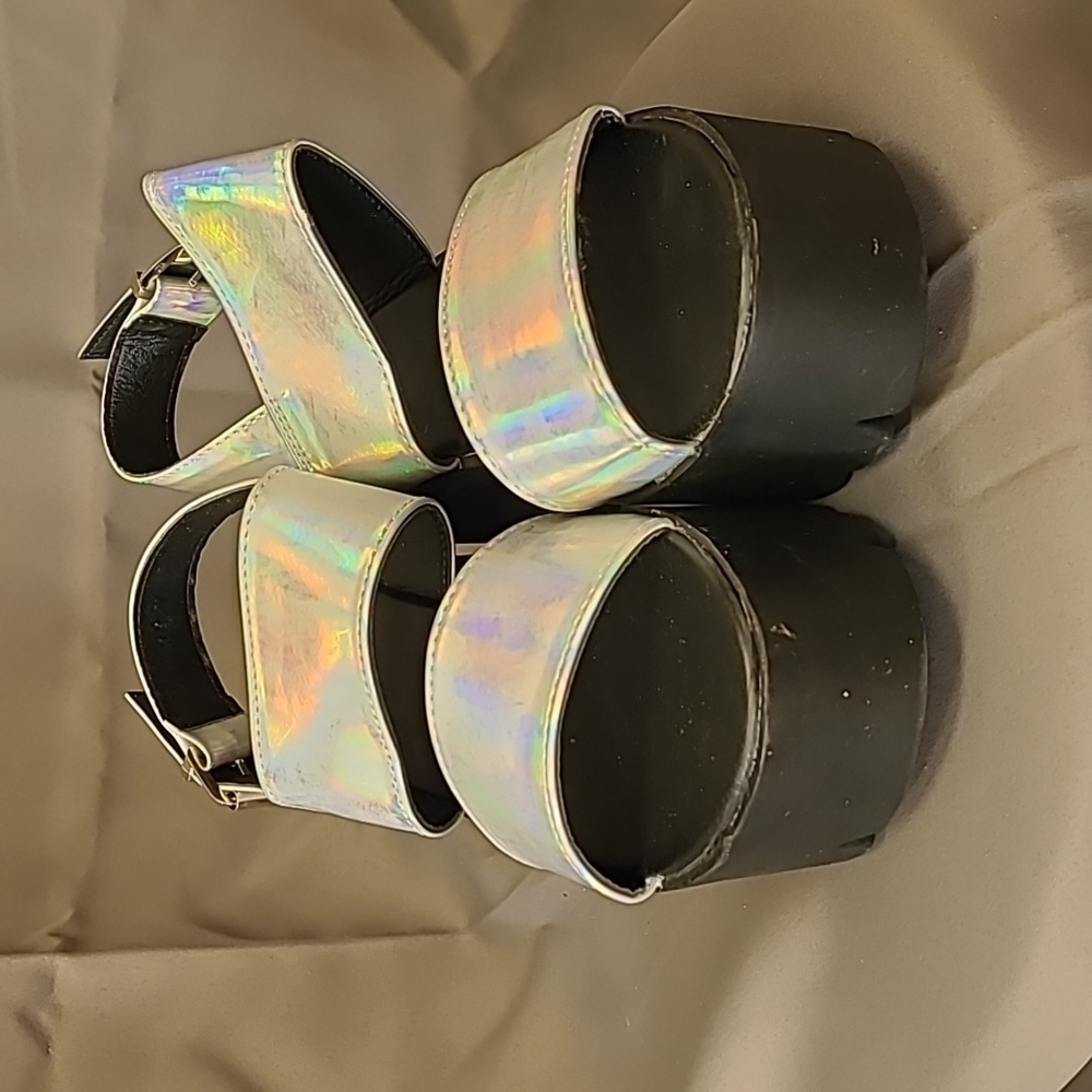 READY Salted Rainbow Reflective Platform Sandals With Buckles, Size 7